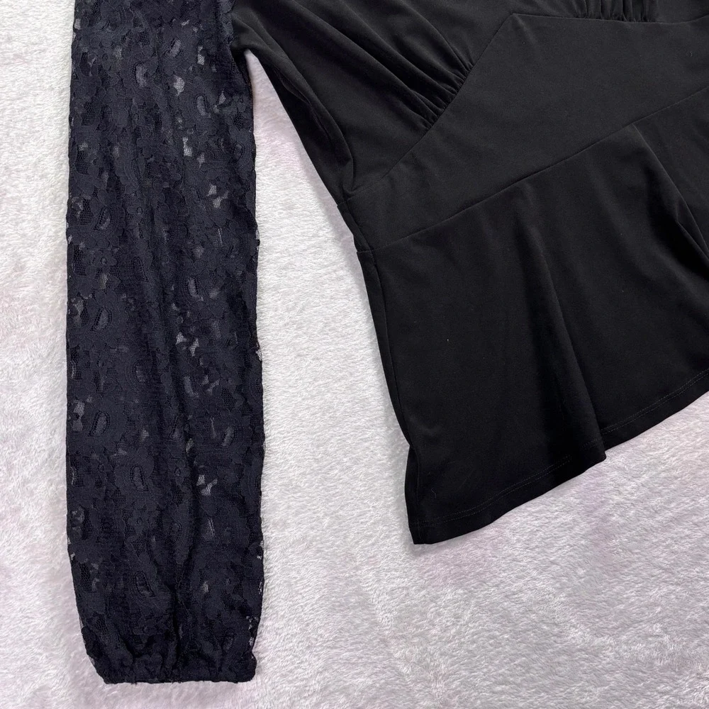 Michael‎ Kors Womens Peplum Top Size M Black Lace Balloon Sleeve V-Neck